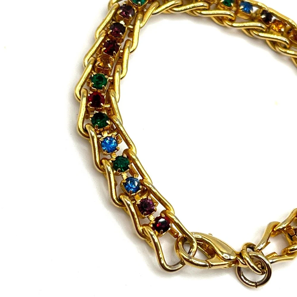 Vintage Rainbow Crystal Rhinestone Multicolor Gold Tone Chain Link Bracelet 6.5